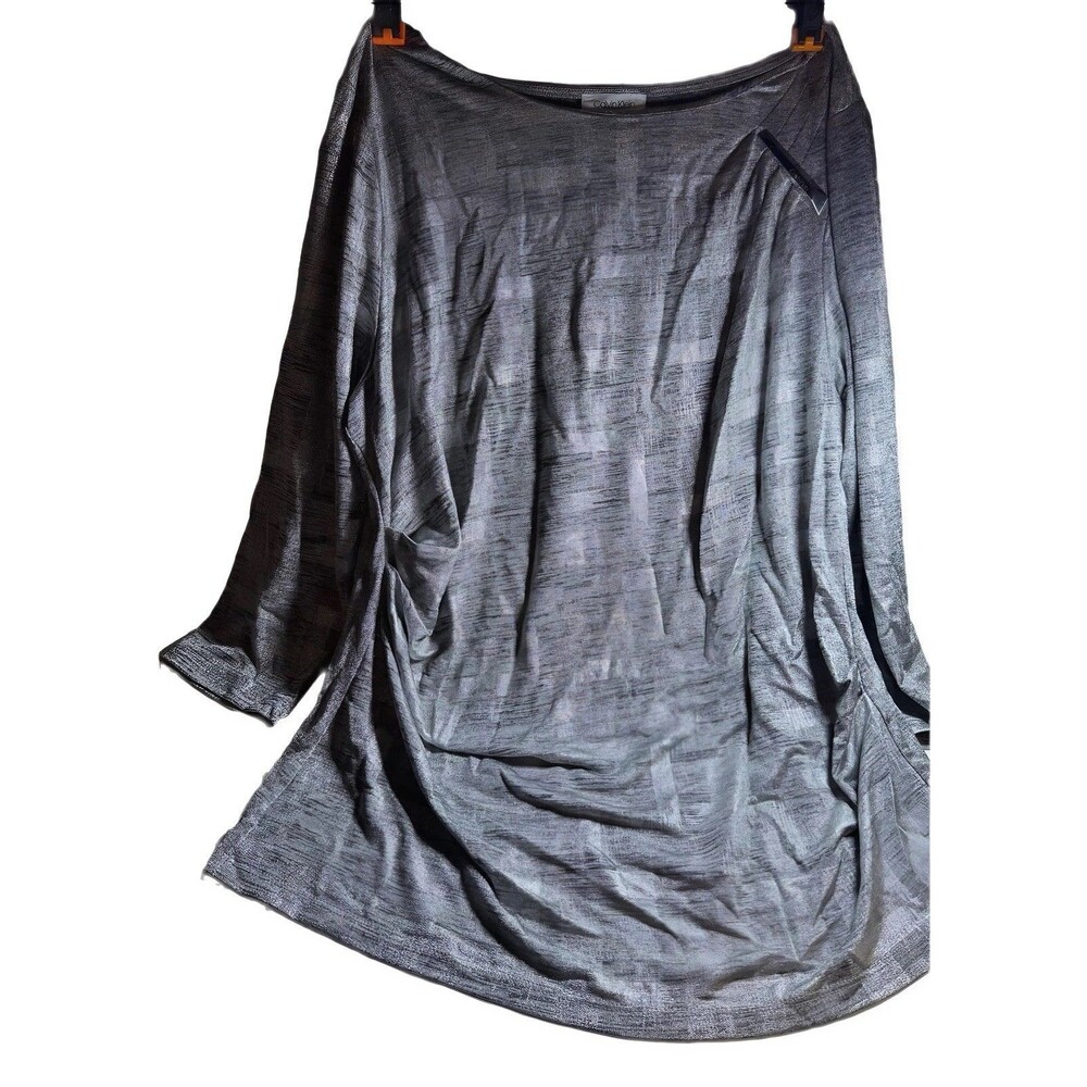 Calvin Klein Womens XL Silver Metallic Knit Boat Neck Top Long Sleeve Logo‎ Bar